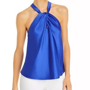 AQUA Twist Satin Keyhole Top in Royal Blue